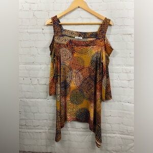Cha Cha Vente Geometric Cold Shoulder Tunic Womens Size Large Square Neckline
